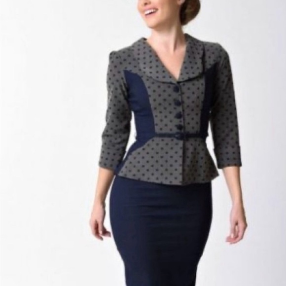 Stop Staring Dresses & Skirts - NWT Stop Staring! polka dot pinup vintage midi stretchy peplum dress belt grey M